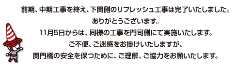 前期、中期工事を終え、下関側のリフレッシュ工事は完了いたしました。 ありがとうございます。11月5日からは、同様の工事を門司側にて実施いたします。ご不便、ご迷惑をお掛けいたしますが、関門橋の安全を保つために、ご理解、ご協力をお願いたします。